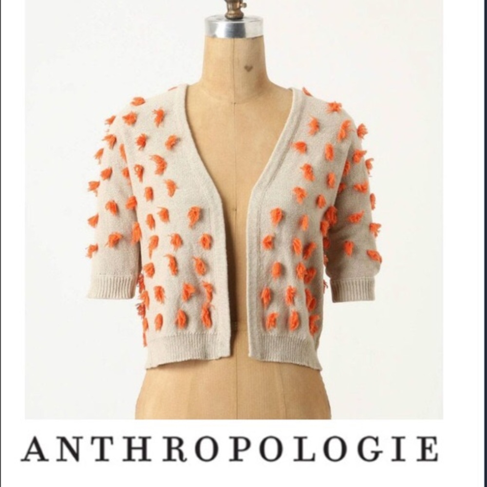 Anthropologie Sparrow Tan & Orange Pom Pom Sweater